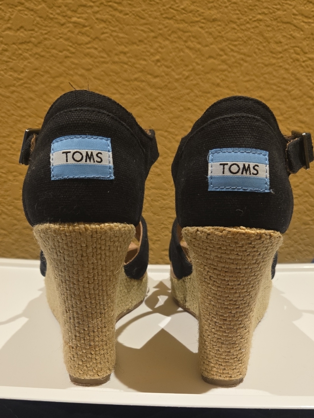 NWOT TOMS Black Canvas Espadrille Wedge Sandals with Blue Logo 7M